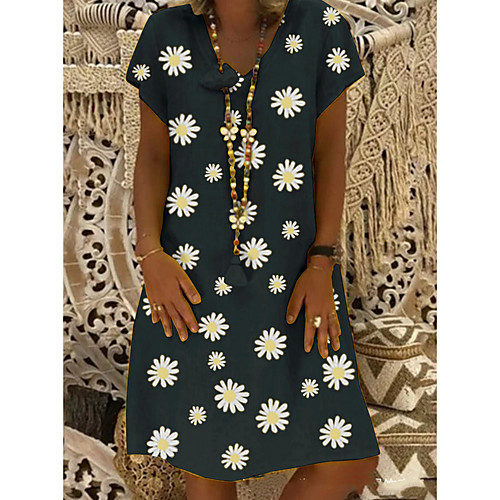 

Women's Plus Size Shift Dress Daisy Knee Length Dress - Short Sleeve Floral Print Summer V Neck Casual Vacation Black Yellow Khaki Green S M L XL XXL XXXL XXXXL