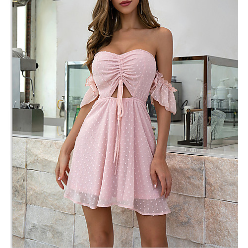 

Women's Off Shoulder Daily Dress Polka Dot A Line Strapless Ruffle Ruched MM0012