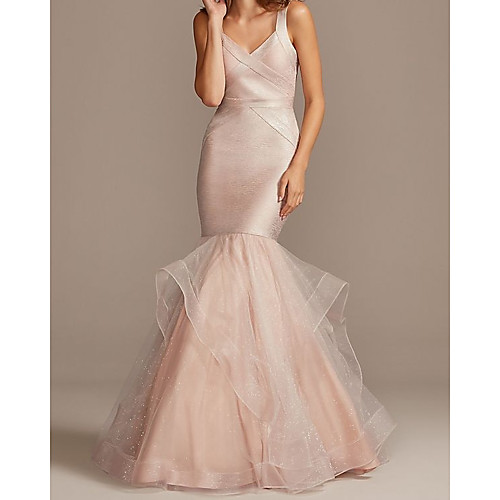 

Mermaid / Trumpet Elegant Pink Engagement Prom Dress Spaghetti Strap Sleeveless Floor Length Satin Tulle with Tier 2020