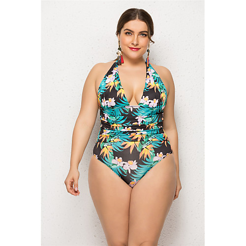 

Women's Basic Green One-piece Swimwear Swimsuit - Floral Tropical Backless XXL XXXL XXXXL Green