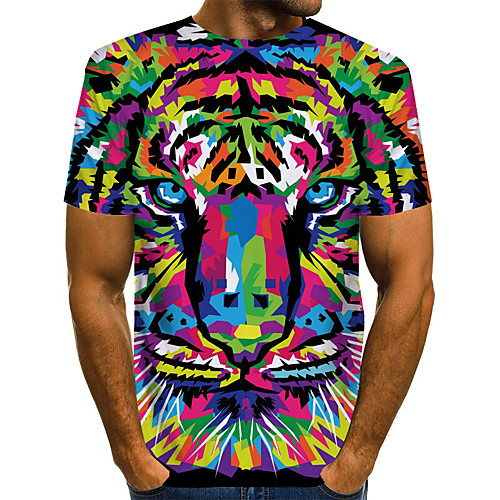 

Men's Graphic 3D Print Tiger Print T-shirt Basic Exaggerated Daily Round Neck Rainbow / Short Sleeve / Animal