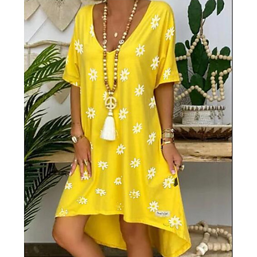 

Women's Sheath Dress Midi Dress Yellow Short Sleeve Floral Summer Round Neck Elegant 2021 S M L XL XXL 3XL