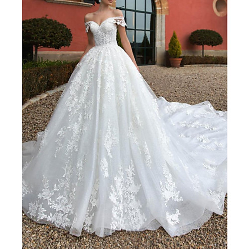 

A-Line Wedding Dresses Off Shoulder Chapel Train Lace Tulle Short Sleeve Vintage Sexy Wedding Dress in Color Backless with Embroidery Appliques 2020
