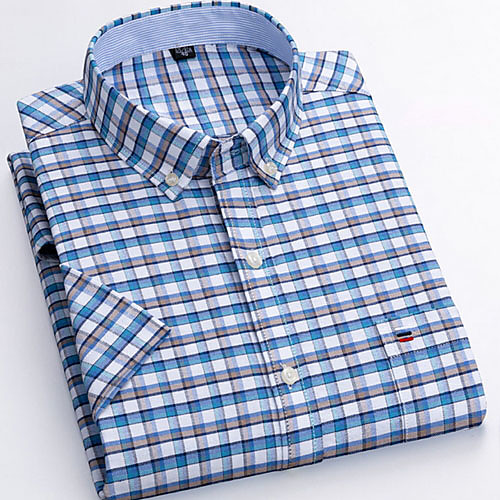

Men's Plaid Print Shirt - Cotton Daily Button Down Collar Blue / Short Sleeve