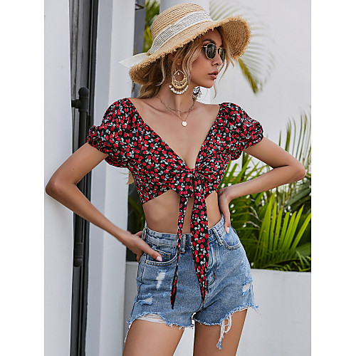 

Women's Floral Lace up Blouse Sexy Holiday Beach Off Shoulder Red