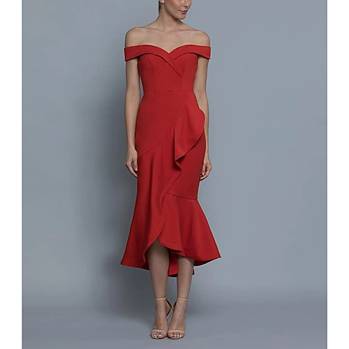 

Sheath / Column Off Shoulder Ankle Length Chiffon Bridesmaid Dress with Ruffles