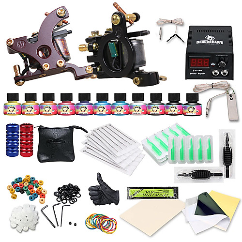 

DRAGONHAWK Tattoo Machine Starter Kit - 2 pcs Tattoo Machines with 10 x 5 ml tattoo inks LCD power supply Case Not Included 2 cast iron machine liner & shader