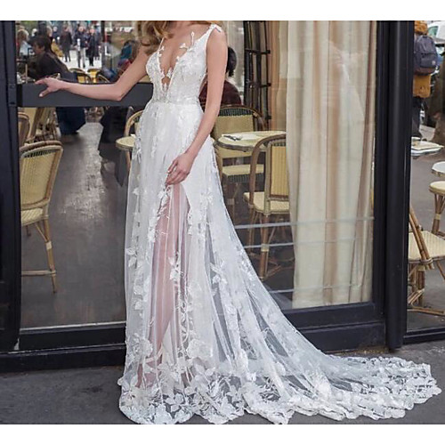 

A-Line Wedding Dresses V Neck Sweep / Brush Train Lace Tulle Jersey Sleeveless Beach Boho Sexy See-Through with Embroidery Appliques 2020