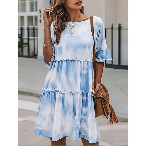 

Women's A-Line Dress Knee Length Dress - Short Sleeves Tie Dye Summer Casual Chinoiserie 2020 White S M L XL