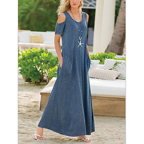

Women's Shift Dress Maxi long Dress Blue Purple Black Gray Short Sleeve Solid Color Cold Shoulder Summer Round Neck Hot Casual 2021 S M L XL XXL 3XL