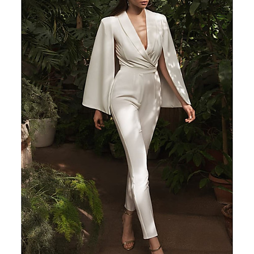 

Jumpsuits Wedding Dresses V Neck Floor Length Satin Long Sleeve Simple Sexy Modern with Sashes / Ribbons 2020