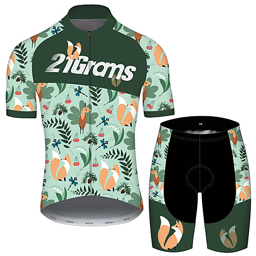 

21Grams Men's Short Sleeve Cycling Jersey with Shorts Green Floral Botanical Bike UV Resistant Quick Dry Sports Patterned Mountain Bike MTB Road Bike Cycling Clothing Apparel / Stretchy