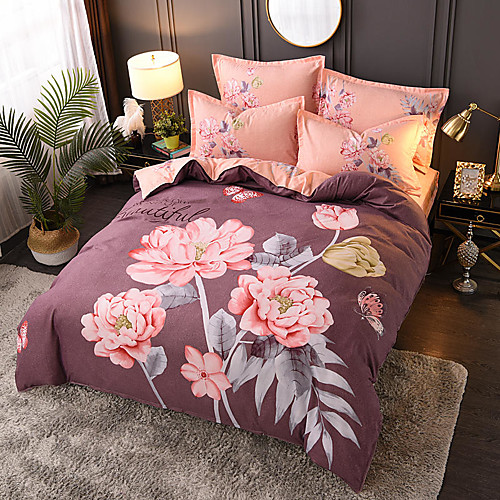 

4 Pieces Duvet Cover Set Elegant Floral Pattern Brushed Comfortable Beddings
