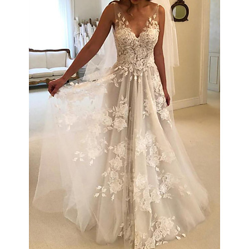 

A-Line Wedding Dresses V Neck Sweep / Brush Train Lace Tulle Sleeveless Country Sexy See-Through with Embroidery 2020