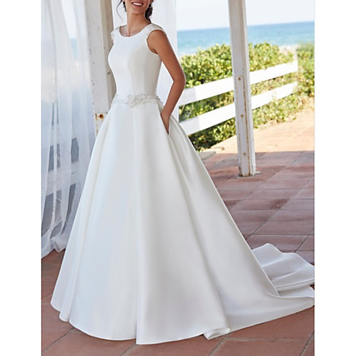 

A-Line Wedding Dresses Jewel Neck Sweep / Brush Train Satin Sleeveless Simple with Crystal Brooch 2021