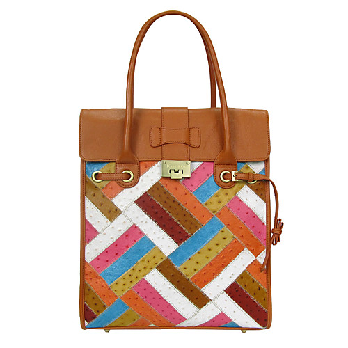 

Women's Buttons / Zipper Faux Fur / Cowhide Tote / Top Handle Bag Geometric Pattern Dark Brown / Orange