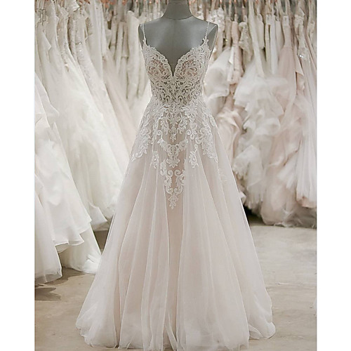 

A-Line Wedding Dresses V Neck Spaghetti Strap Sweep / Brush Train Lace Sleeveless Country Sexy See-Through with Embroidery 2020