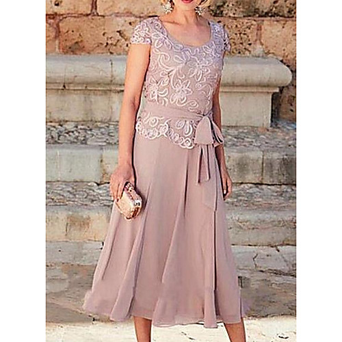 

A-Line Mother of the Bride Dress Elegant Jewel Neck Tea Length Chiffon Lace Short Sleeve with Bow(s) Appliques 2020