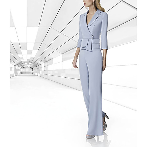 

Two Piece Pantsuit / Jumpsuit Mother of the Bride Dress Elegant V Neck Floor Length Satin 3/4 Length Sleeve with Ruching 2021