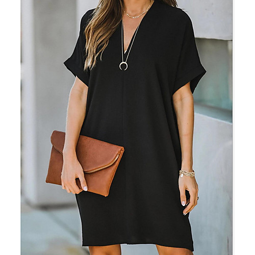 

Women's A-Line Dress Knee Length Dress - Short Sleeves Solid Color Summer Casual 2020 Black Red S M L XL