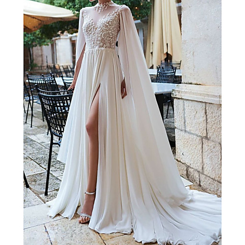 

A-Line Wedding Dresses High Neck Court Train Detachable Chiffon Lace Long Sleeve Sexy See-Through with Embroidery Split Front 2020