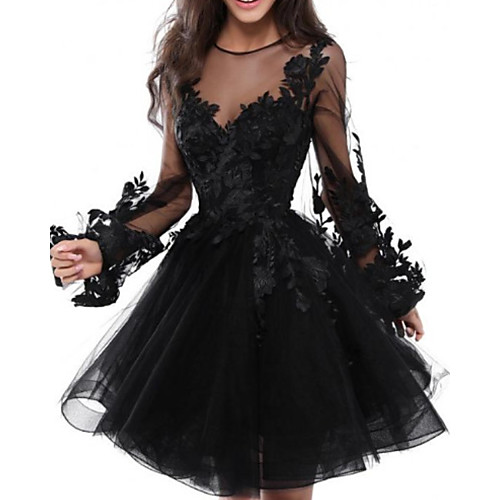

A-Line Floral Black Homecoming Cocktail Party Dress Illusion Neck Jewel Neck Long Sleeve Short / Mini Lace Tulle with Appliques 2020