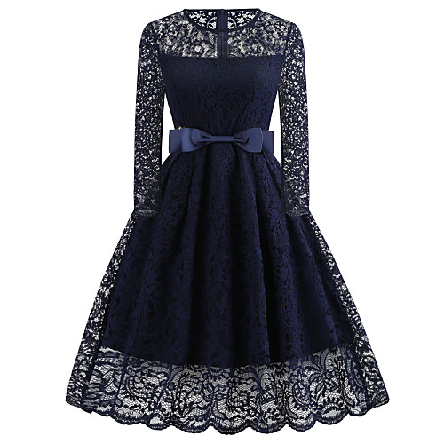 

Women's Sheath Dress - Long Sleeve Solid Color Lace Bow Spring Summer Elegant Vintage Daily Weekend 2020 Navy Blue S M L XL XXL