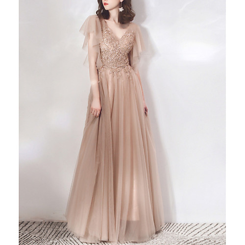 

A-Line Elegant Glittering Prom Formal Evening Dress V Neck Short Sleeve Floor Length Chiffon with Sequin 2020