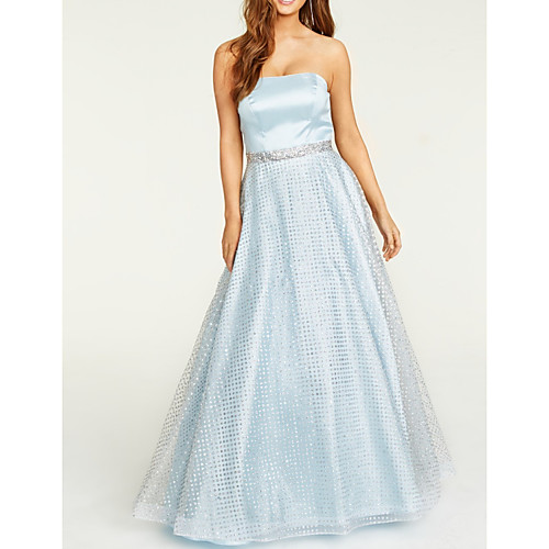 

A-Line Elegant Sparkle Engagement Formal Evening Dress Strapless Sleeveless Floor Length Satin Tulle with Pleats Crystals 2020