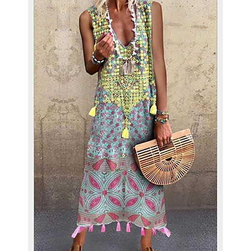 

Women's Maxi A Line Dress - Sleeveless Print Summer V Neck Elegant 2020 Green S M L XL XXL