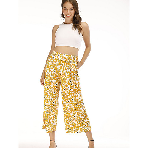 

Women's Basic Loose Wide Leg Pants - Print High Waist Yellow S / M / L