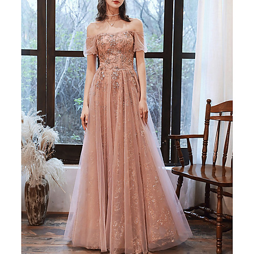 

A-Line Glittering Pink Prom Formal Evening Dress Off Shoulder Short Sleeve Floor Length Tulle with Sequin 2020