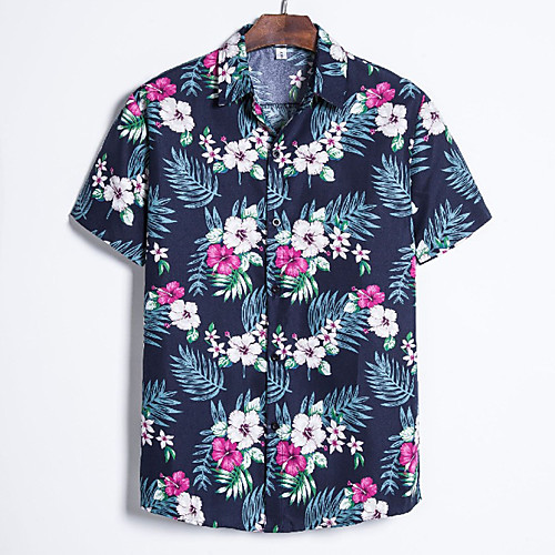 

Men's Floral Shirt - Cotton Vintage Street chic Holiday Weekend Navy Blue / Short Sleeve
