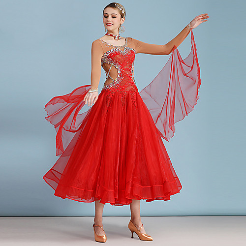 

Ballroom Dance Dress Split Joint Crystals / Rhinestones Women's Training Performance Long Sleeve Mesh Organza Ice Silk