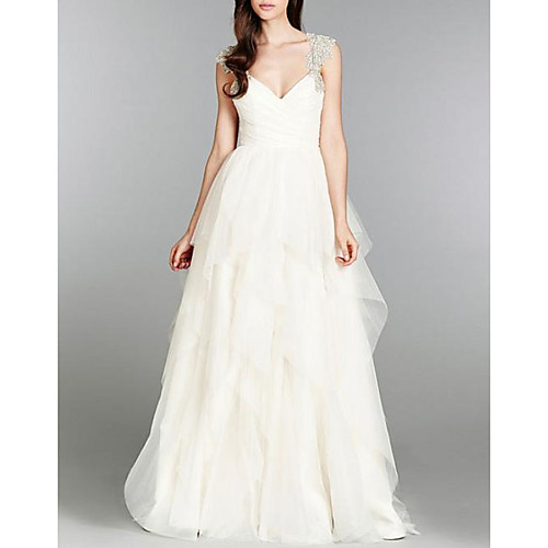 

A-Line Wedding Dresses V Neck Sweep / Brush Train Tulle Chiffon Over Satin Cap Sleeve Sexy Backless with Beading Appliques Cascading Ruffles 2020