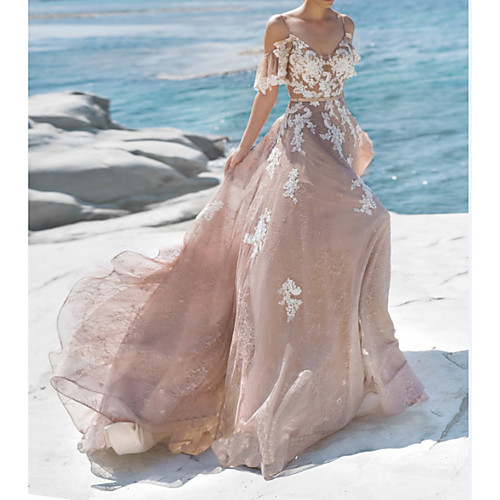 

A-Line Wedding Dresses Spaghetti Strap Sweep / Brush Train Lace Tulle Short Sleeve Beach Sexy Wedding Dress in Color with Appliques 2020