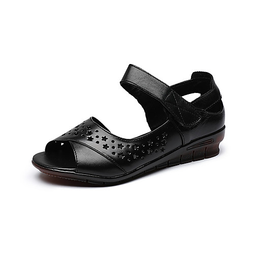 

Women's Sandals Wedge Sandals Flat Sandals 2020 Summer Wedge Heel Peep Toe Vintage Chinoiserie Daily Outdoor Buckle Leather / Nappa Leather Walking Shoes White / Black