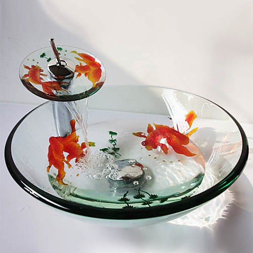 

Round Carved Goldfish Tempered Glass Vessel Sink with Waterfall Faucet Pop - Up Drain and Mounting Ring