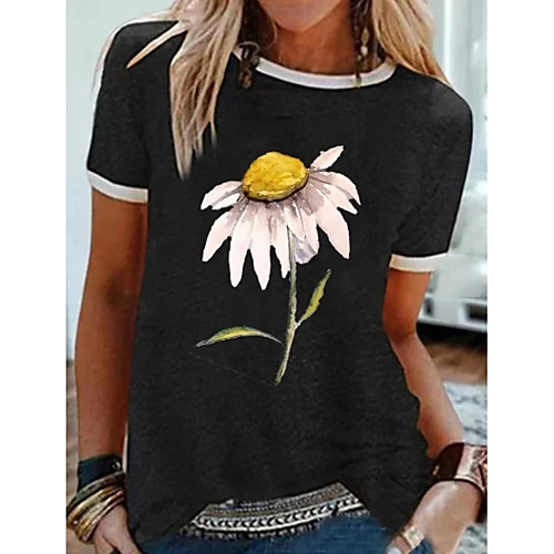 

Women's T shirt Floral Flower Round Neck Tops Basic Top Black Gray