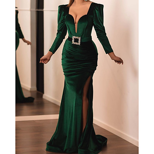 

Mermaid / Trumpet Elegant Green Wedding Guest Formal Evening Dress V Neck Long Sleeve Sweep / Brush Train Velvet with Sash / Ribbon Ruched Split 2020