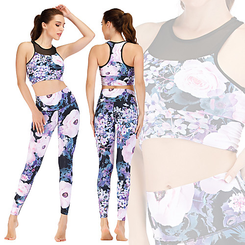 

Women's 2pcs Yoga Suit Patchwork Print Purple Mesh Running Fitness Gym Workout High Waist Sports Bra Leggings Clothing Suit Sport Activewear Quick Dry Butt Lift Tummy Control Stretchy