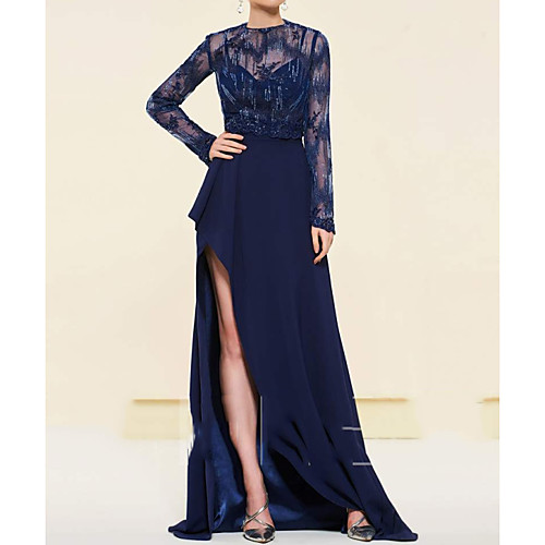 

Sheath / Column Mother of the Bride Dress Elegant See Through Illusion Neck Sweep / Brush Train Chiffon Lace Long Sleeve with Appliques Split Front 2020