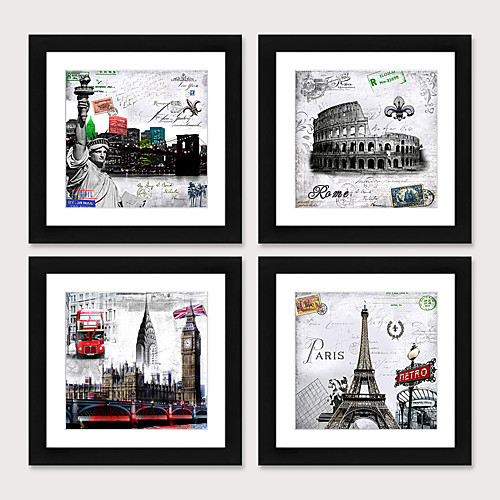 

Framed Art Print Framed Set4 - European And American Style Black And White Architecture Scenic PS Illustration Wall Art