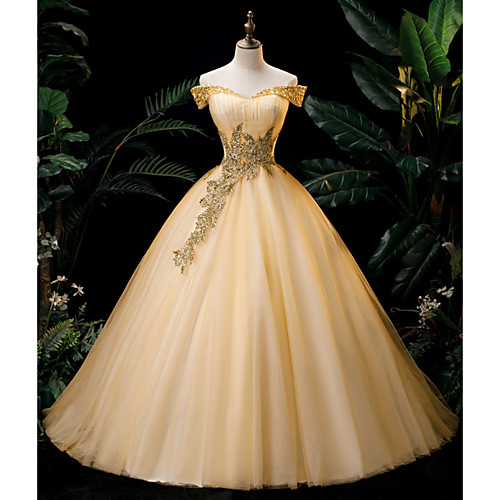 

Ball Gown Glittering Gold Engagement Formal Evening Dress Off Shoulder Sleeveless Floor Length Organza with Crystals 2020