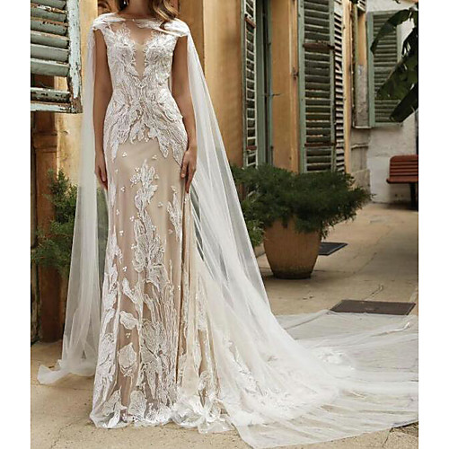

A-Line Wedding Dresses Jewel Neck Chapel Train Lace Tulle Sleeveless Sexy See-Through with Embroidery 2020