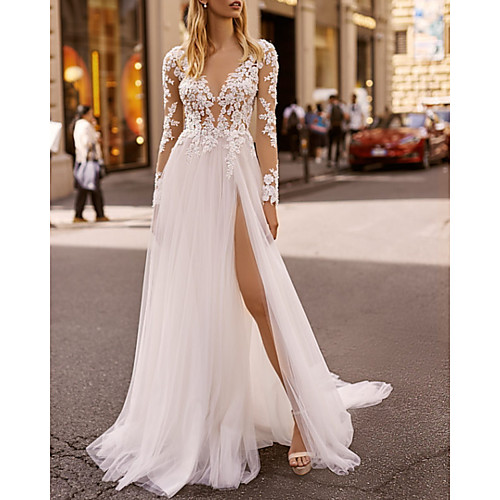 

A-Line Wedding Dresses V Neck Floor Length Lace Tulle Long Sleeve Beach Boho Sexy See-Through with Embroidery Split Front 2020