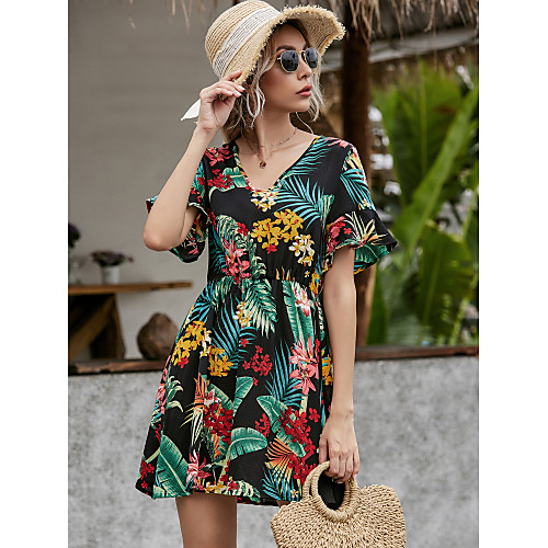 

Women's Sundress Tropical Leaf Short Mini Dress - Short Sleeves Floral Ruffle Summer Elegant Mumu 2020 Green S M L XL