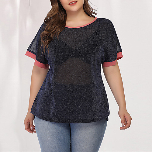 

Women's Plus Size Solid Colored Mesh Loose Blouse Sexy Street chic Daily Going out Navy Blue