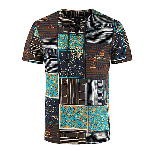 

Men's Plus Size Geometric Color Block Rubik's Cube Lace up Print T-shirt - Linen Basic Exaggerated Daily Going out Round Neck Brown / Short Sleeve