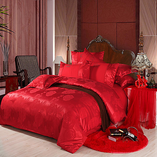 

European Satin Jacquard four-piece set 1.8 m bed cotton quilt set 2.2 x 2.4 m bed red bedding